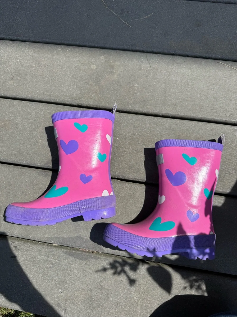 HATLEY Girls Pink Heart Rain Boots with Purple Trim
